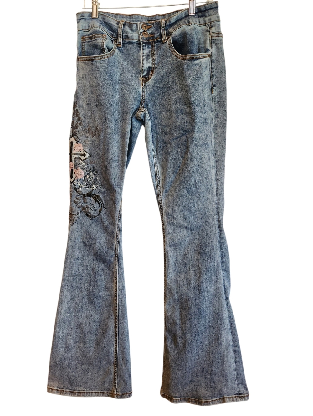 Hot Topic Light Blue Flare Jeans with Embroidered Cross - Picture 2 of 12